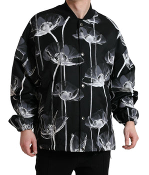 Dolce & Gabbana Black Floral Print Wool Button Down Bomber Jacket