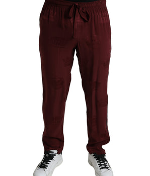 Dolce & Gabbana Maroon Crown Pattern Silk Pajama Pants