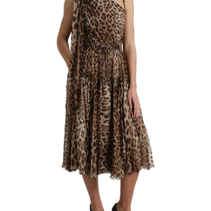 Dolce & Gabbana Elegant One-Shoulder Leopard Midi Dress