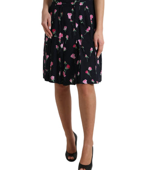 Dolce & Gabbana Black Rose High Waist A-line Knee Length Skirt