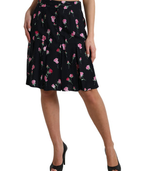 Dolce & Gabbana Black Rose High Waist A-line Knee Length Skirt