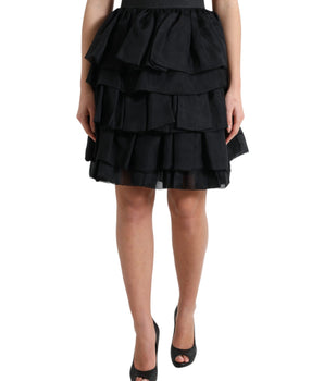 Dolce & Gabbana Black Tiered Aline High Waist Silk Mini Skirt