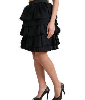 Dolce & Gabbana Black Tiered Aline High Waist Silk Mini Skirt