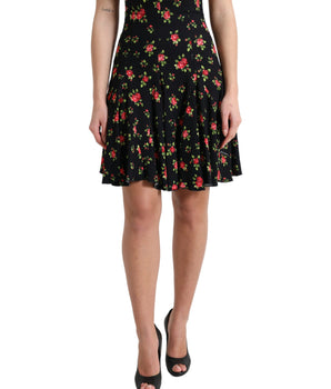 Dolce & Gabbana Black Rose Print High Waist A-line Mini Skirt