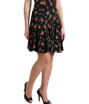 Dolce & Gabbana Black Rose Print High Waist A-line Mini Skirt