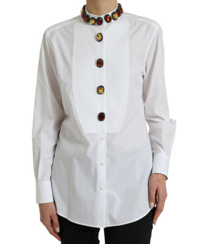 Dolce & Gabbana White Cotton Crystals Embellished Shirt Top