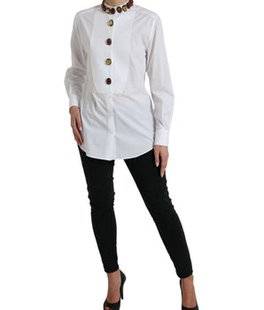 Dolce & Gabbana White Cotton Crystals Embellished Shirt Top