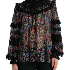 Dolce &amp; Gabbana Elegante blusa de seda floral con ribete de encaje