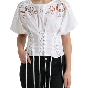 Dolce & Gabbana Elegant White Floral Lace-Up Blouse