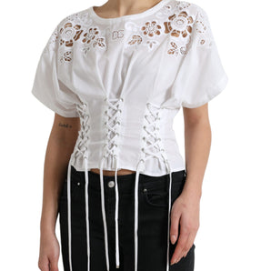 Dolce & Gabbana Elegant White Floral Lace-Up Blouse