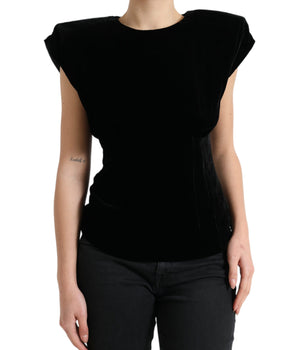 Dolce &amp; Gabbana Black Velvet Fitted Padded Shoulder Blouse Top