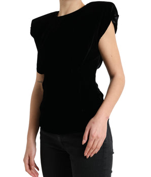 Dolce &amp; Gabbana Black Velvet Fitted Padded Shoulder Blouse Top