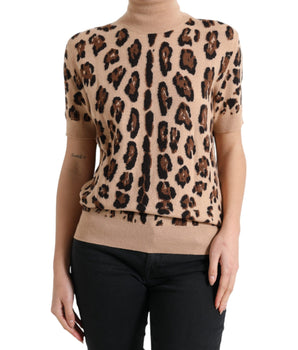 Dolce & Gabbana Beige Leopard Print Wool Turtleneck Top