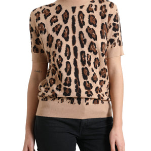 Dolce & Gabbana Elegant Beige Leopard Turtleneck Wool Top