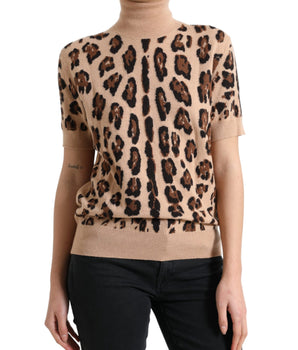 Dolce & Gabbana Beige Leopard Print Wool Turtleneck Top
