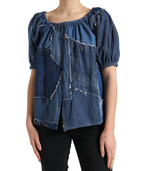 Dolce & Gabbana Blue Patchwork Short Sleeves Denim Blouse Top