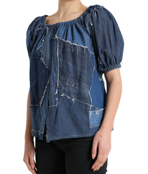 Dolce & Gabbana Blue Patchwork Short Sleeves Denim Blouse Top