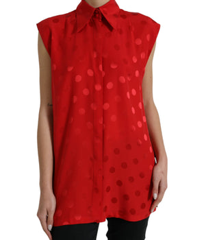 Dolce & Gabbana Red Polka Dot Sleeveless Collared Blouse Top