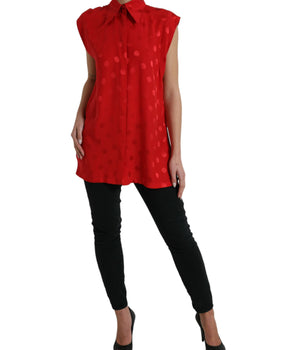 Dolce & Gabbana Red Polka Dot Sleeveless Collared Blouse Top