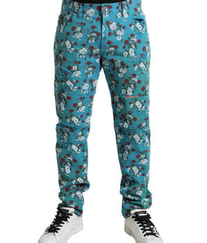 Dolce & Gabbana Blue Floral Print Skinny Cotton Denim Pants