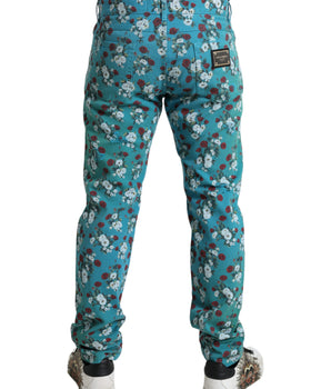 Dolce & Gabbana Blue Floral Print Skinny Cotton Denim Pants