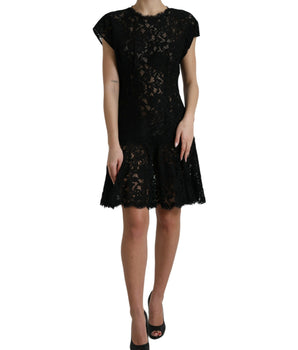 Dolce & Gabbana Black Floral Lace Cotton A-line Mini Dress