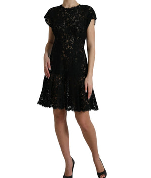 Dolce & Gabbana Black Floral Lace Cotton A-line Mini Dress