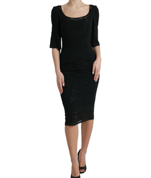 Dolce &amp; Gabbana Black Floral Lace Bodycon Midi Dress