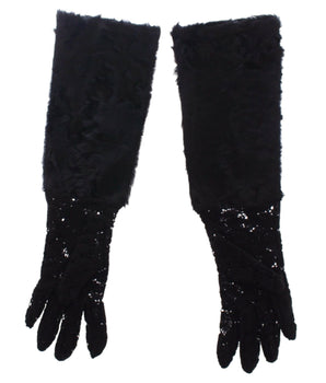 Dolce & Gabbana Black Lace Wool Lambskin Fur Elbow Gloves Dolce & Gabbana 