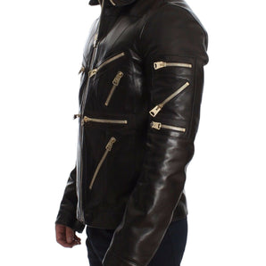 Dolce & Gabbana Elegant Brown Gold-Detailed Leather Jacket