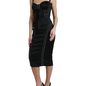 Dolce &amp; Gabbana Elegant Black Lace-Up Midi Bodycon Dress