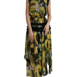 Dolce &amp; Gabbana Elegant Sunflower Silk Maxi Dress