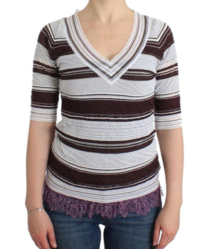Ermanno Scervino Striped V-Neck Knit Top with Lace Hem Ermanno Scervino 