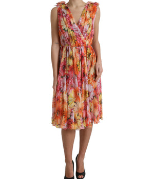 Dolce &amp; Gabbana Elegante vestido midi de seda floral con cuello en pico