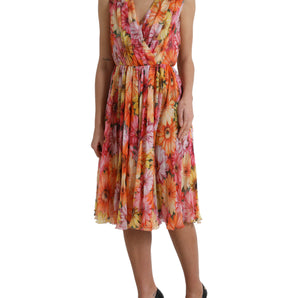 Dolce &amp; Gabbana Elegante vestido midi de seda floral con cuello en pico