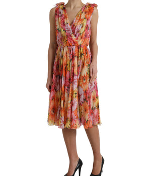 Dolce &amp; Gabbana Elegante vestido midi de seda floral con cuello en pico