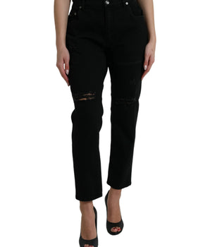 Dolce &amp; Gabbana Black Cotton High Waist Tattered Denim Jeans