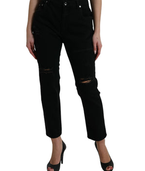 Dolce &amp; Gabbana Black Cotton High Waist Tattered Denim Jeans