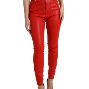 Dolce &amp; Gabbana Elegante denim elástico de cintura alta en rojo