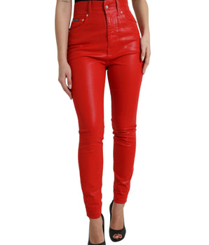 Dolce &amp; Gabbana Elegante denim elástico de cintura alta en rojo