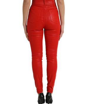 Dolce &amp; Gabbana Elegante denim elástico de cintura alta en rojo