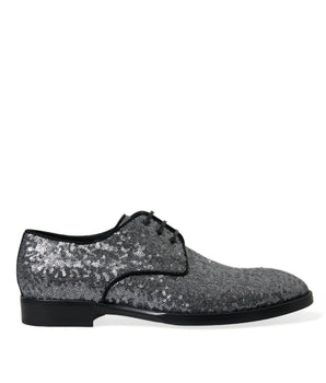 Dolce & Gabbana Silver Sequined Lace Up Men Derby Dress Shoes