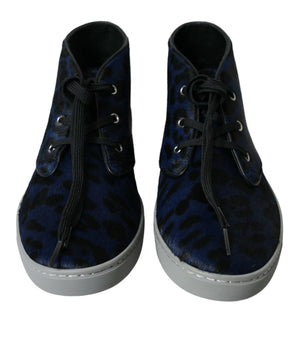 Dolce & Gabbana Blue Calfskin Leopard Mid Top Sneakers Shoes