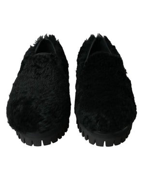 Dolce & Gabbana Black Fur Leather Slippers Dress Shoes