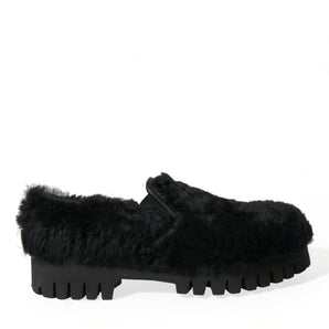 Dolce & Gabbana Elegant Black Fur Slip On Loafers for Men