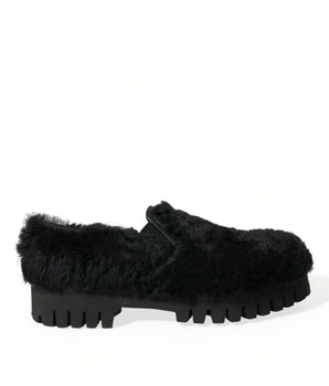 Dolce & Gabbana Black Fur Leather Slippers Dress Shoes