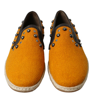 Dolce & Gabbana Orange Linen Leather Studded Loafers Shoes