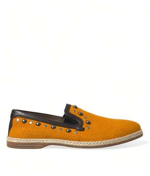 Dolce & Gabbana Orange Linen Leather Studded Loafers Shoes
