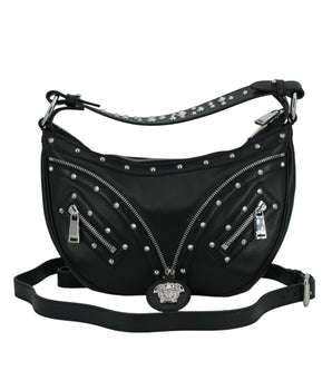 Versace Black Calf Leather Small Hobo Shoulder Bag