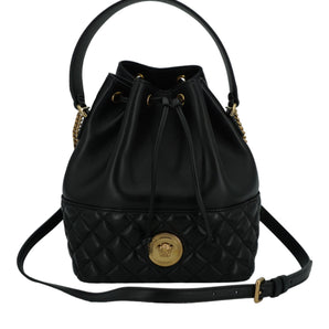 Versace Elegant Black Leather Medusa Bucket Shoulder Bag